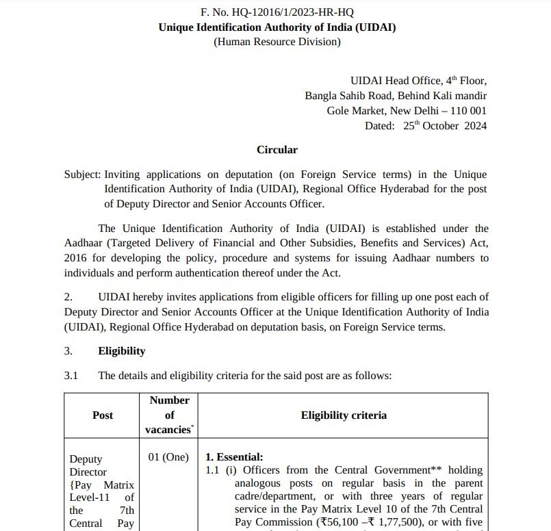 UIDAI Recruitment 2024