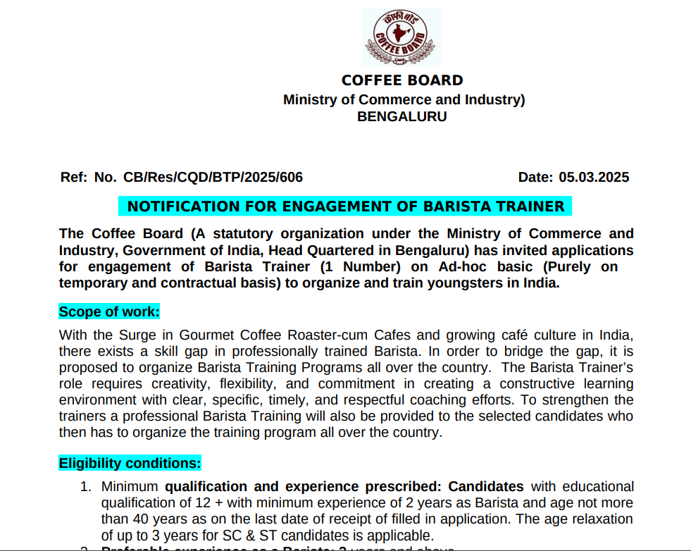 Central Coffee Board Recruitment 2025