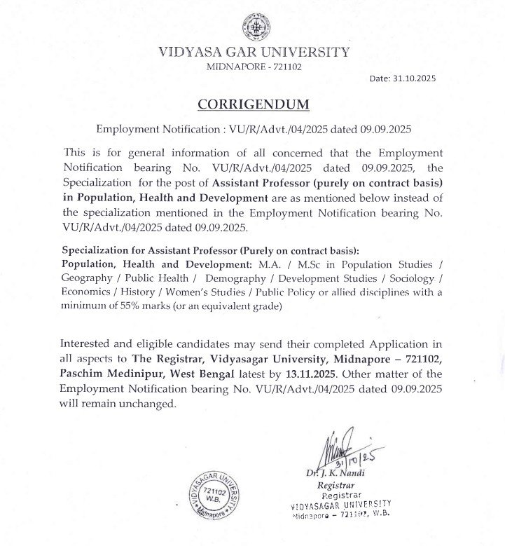 Vidyasagar University Assistant Professor Recruitment 2025